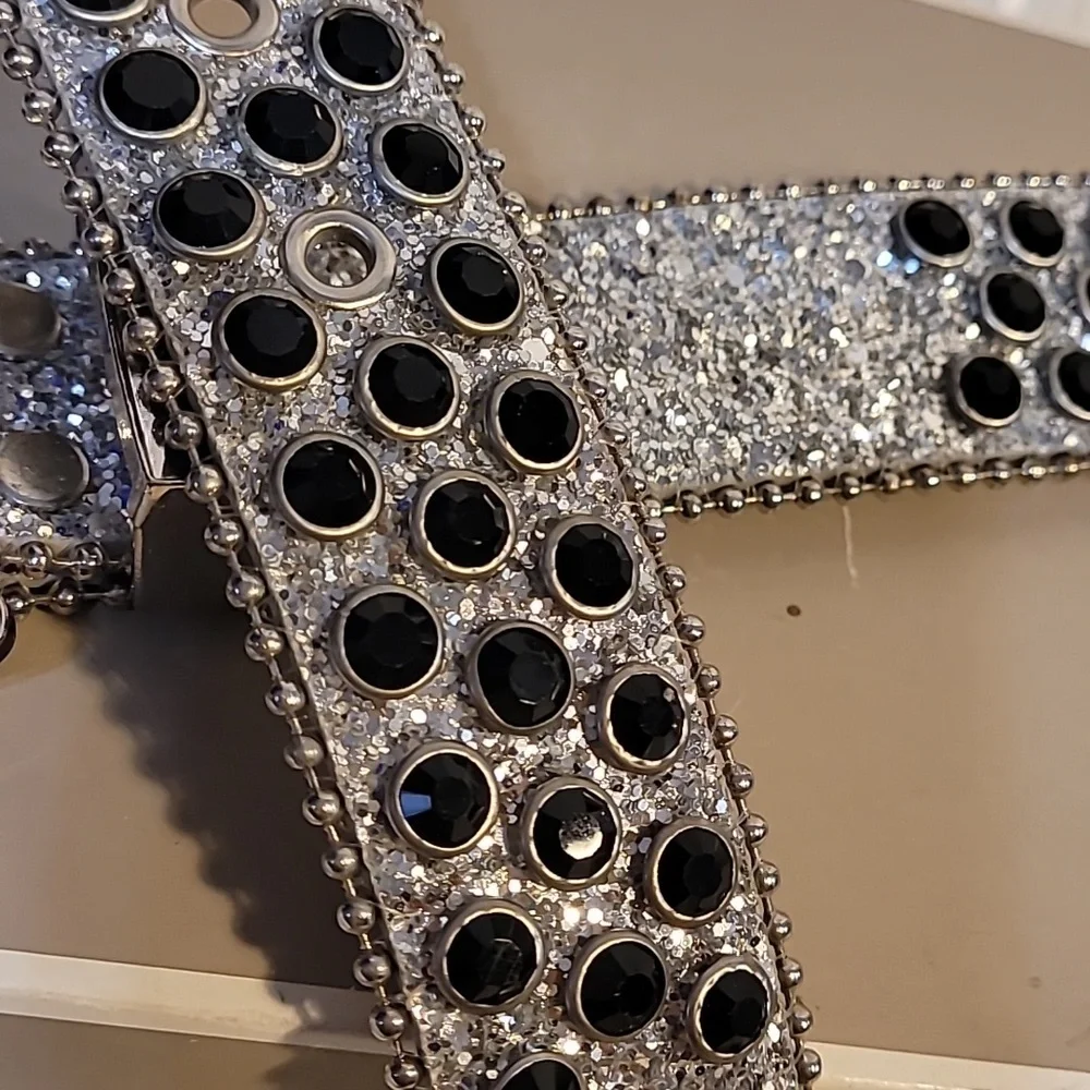 Rhinestone & Black Stud Grommet Womens Belt With Statement Buckle